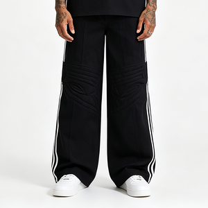 Pantalon de jogging décontracté coréen noir délavé à quatre bandes pour homme et pantalon cargo baggy pour femme - Product Image 2