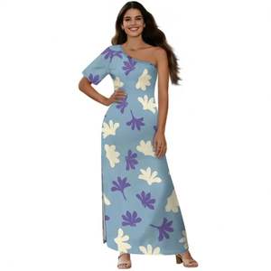 Vestido de Verano Floral Exclusivo Personalizado Polinesio Lavable de Manga Corta Maxi con Hombros Descubiertos y Abertura para Mujer al por Mayor - Product Image 1