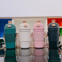 Bouteille isotherme sous vide en PC de 480 ml, style lapin mignon, avec paille et chaîne, anti-fuite, pour bureau et cadeaux d'affaires