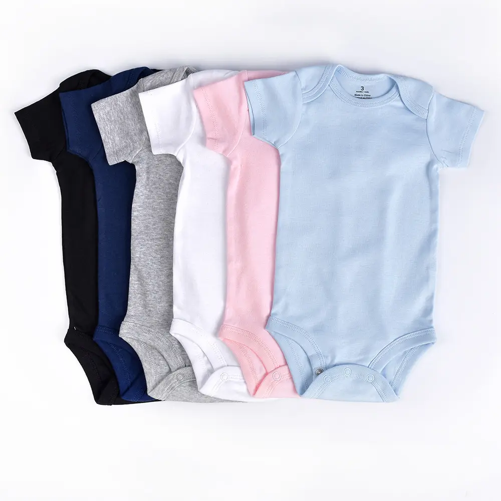 Wholesale customized color 100% cotton solid color short sleeves baby romper for summer