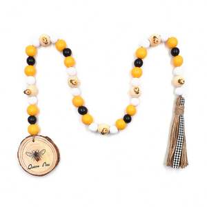 Guirnalda de cuentas de madera hecha a mano de resortes con diseño rústico, cuentas de granja de madera Natural de 86cm y etiqueta de abeja para decoración de pared - Product Image 1