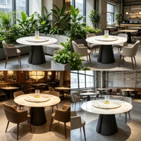 Moderner Runder Esstisch aus Kunststein mit Drehplatte, Kohlenstoffstahl-Standfuß, Luxuriöser Marmor-Look für Restaurants