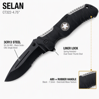 Couteau pliant EDC d'extérieur avec manche en ABS surmoulé en caoutchouc, lame en acier 3Cr13 finition oxyde noir, pointe ciselée, verrouillage Liner Lock et bouton de pouce