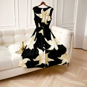 Abito Lungo Vintage Europeo-Americano da Donna, Senza Maniche, Stampato, con Cintura a Fiocco, Vita Alta, Silhouette a Linea A, per il Tempo Libero - Product Image 2