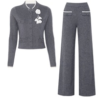 Setelan Wanita Elegan Cardigan Rajut Slim Fit Dekorasi Bunga 3D Atasan Rajut Lengan Panjang dan Celana Panjang Model Wide-leg