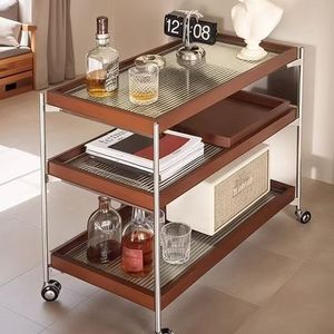 Mesa de centro de madera maciza estilo vintage con base de acero inoxidable, carrito retro móvil, mesa auxiliar multifuncional para sala de estar - Product Image 2