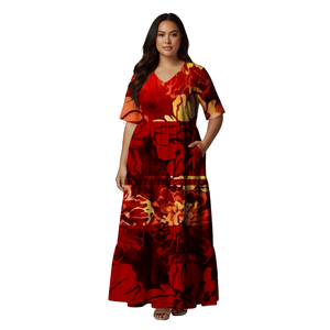 Vestido Casual de Verano para Mujer, Diseño Tropical Floral, Cuello en V, Manga Midi, Poliéster, Estilo Samoano, Tonga, Fiyi - Product Image 1