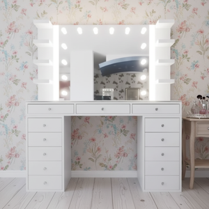 Table de toilette de luxe moderne Dwoo avec miroir tactile LED et 13 tiroirs, <span class=keywords><strong>bureau</strong></span> de maquillage haut de gamme - Product Image 1
