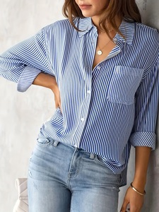 Camicia da <span class=keywords><strong>Donna</strong></span> a Righe Intrecciate con Bottoni, <span class=keywords><strong>Oversize</strong></span>, Maniche Lunghe, Vestibilità Comoda, Blu e Bianca, <span class=keywords><strong>Blusa</strong></span> da Ufficio, Top Quotidiano - Product Image 1