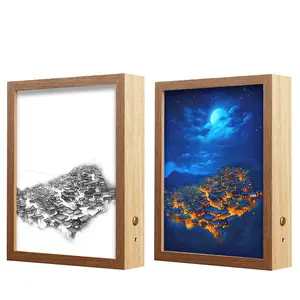 Moldura de madeira para fotos, moldura de madeira com luz LED retroiluminada estilo europeu, luminária de arte com USB, imagem 3D personalizada