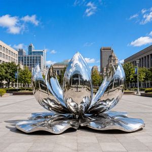 Grande sculpture de fleur de lotus en acier inoxydable poli miroir, fontaine d'eau, statue de jardin extérieure, décoration d'art public moderne - Product Image 6