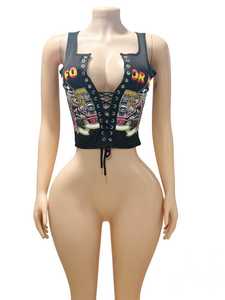 Top Senza Maniche <span class=keywords><strong>con</strong></span> Stampa Lettering e Lacci, Collo a V, Traforato, Sexy, per Club e Feste, Stile Streetwear, Estate 2026 - Product Image 2