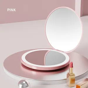 Custom Logo Portable Foldable Small Hand Held Led Mirror Travel Folding Light Anti Fog Makeup Trifold Purse Cosmetic Mirror