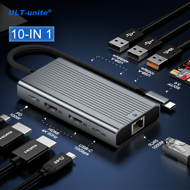 ULT-unite10-in-1 USB-C Type-C Docking Station USB Hub with 4K 60Hz HDMI Output PD100W 10Gbps Data Support 3-Monitor Display