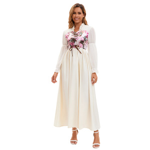<b>White</b> Apricot Floral Print Chiffon A-Line Empire Waist Evening Dress Scalloped Neckline Long Sleeve <b>Maxi</b> Length - Product Image 3