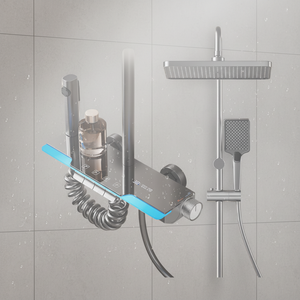 Robinet de salle de bain moderne en aluminium brossé carré réglable avec thermostat, double poignée, jet pressurisé et douche pluie douce - Product Image 4