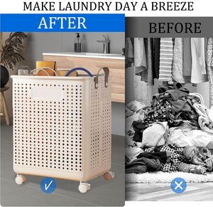 High Quality Strong Durable Plastic Mesh Clothes Basket Laundry <b>Hamper</b> Basket for Home Storage Use with Wheel - Product Image 2