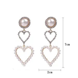 korean rhinestone and artificial pearl beads satrun double heart hoop earring women earrings china manufacturer supplier