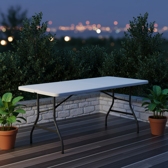 Large 8ft X 30in Resin Rectangle Folding Dining Table Iron Frame Durable Portable Outdoor Hotel Furniture Commercial Use