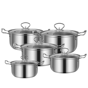 Conjunto de Panelas de Aço Inoxidável com Tampa de Vidro 5 Peças Atacado de Fábrica Utensílios de Cozinha Multi Panelas com Duplas Alças - Product Image 1