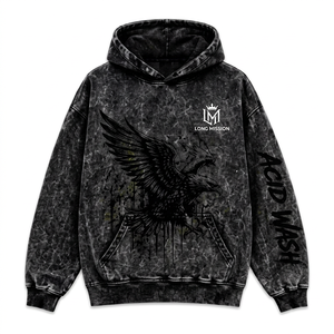 Sudadera con Capucha para Hombre Long Mission, Estampado de Águila con Efecto Ácido, Estilo Urbano Oversize, 100% Algodón, Forro Polar Transpirable, Bolsillo Forrado - Product Image 1