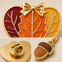 Épingles en métal personnalisées en gros : Cœur feuille d'érable 3D en émail souple, pendentif gland, chaîne dorée, bijoux d'automne pour Thanksgiving