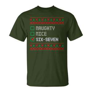 Camiseta con diseño de suéter navideño feo, Six Seven Meme, diseño navideño divertido y travieso, color verde - Product Image 1