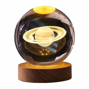 3D sfera di cristallo luce Base Led 60Mm Laser sfera intagliata cristalli cubo con Base lampada notte luce di legno lampada a sfera di cristallo