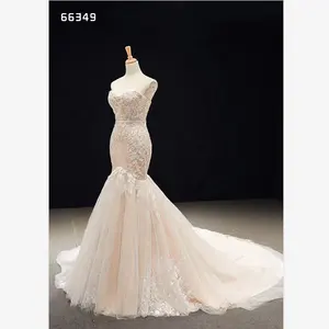 Vestido de novia de encaje, sirena/trompeta, champán, calidad superior, precio barato