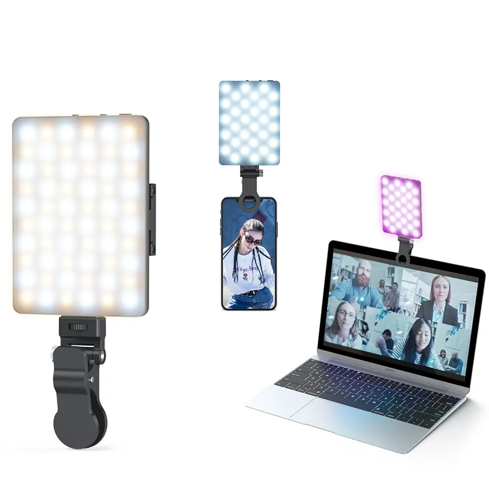 Luz de relleno de Selfie recargable LED OEM al por mayor con Clip de fijación para teléfono móvil portátil Luz de videoconferencia