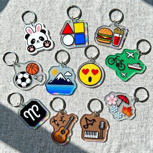 Custom Acrylic Keychain Collection Stylish Plastic Crafts Panda Face Sports Balls Mountain Scene for Hearts Zodiac Guitar