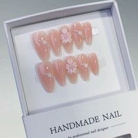 TSZS Ongles Press-On de Luxe 3D Fleur Faits Main, Courts Amande, Motif Floral Français, Réutilisables, 10 Pièces, Faux Ongles Portables pour DIY