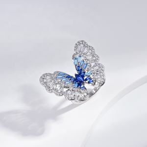 แหวนเงินแท้ 925 ประดับเพทายสีฟ้า ดีไซน์สวยงามหรูหรา เหมาะสำหรับงานแต่งงาน รูปทรงผีเสื้อ ราคาโรงงาน - Product Image 1