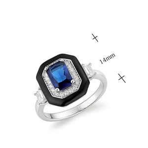 Anillo Cuadrado de Plata de Ley 925 con Gema Azul Brillante Clásica y Esmalte Negro para Mujer y Hombre, Joyería Hecha a Mano para Boda - Product Image 3