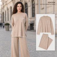 Ensemble deux pièces pull en maille brodé à poches et pantalon large pour femme – Vêtements automne-hiver en gros