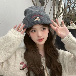 Knit <b>Hat</b> With Puppy Embroidery Warm Windproof Women's Wool Beanie 14 Gg Anti Pilling Solid Color <b>Winter</b> <b>Hat</b> - Product Image 3