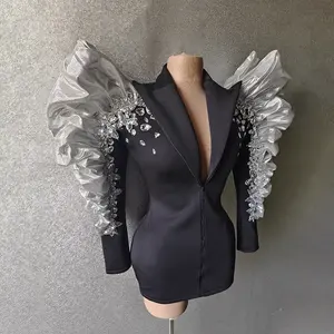 Robe de défilé de mode sexy européenne et américaine, style tempérament, cintrée à la taille, coupe ajustée, blazer uni, <span class=keywords><strong>jupe</strong></span> <span class=keywords><strong>courte</strong></span>, laine/soie - Product Image 3