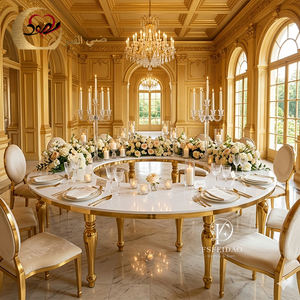 Modern Wedding Dinner Gold Metal Frame White MDF <b>Top</b> Serpentine Dining Table with Chairs for Home & Hotel Use - Product Image 1