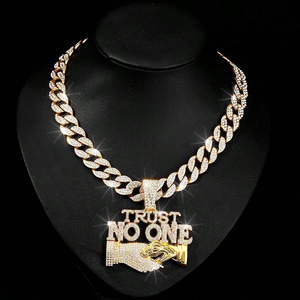 Men's Stylish <b>Cuban</b> <b>Link</b> <b>Chain</b> Handshake Design Rhinestone Pendant 'Trust No One' Letter Hip Hop Style Necklaces for - Product Image 2