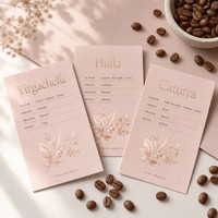 Carte de dégustation de café personnalisée avec impression feuille d'or rose, feuille de description des saveurs des grains torréfiés, note de cupping pour les cafés