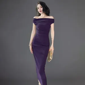 ZYHT 30173简约设计紫色褶边皱褶优雅中庸脱肩连衣裙性感套装一体式女装