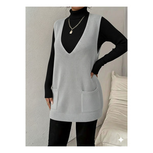 เสื้อสเวตเตอร์ถักคอวีลึกมีกระเป๋าสำหรับผู้หญิง S M XL ความยาว 85 ซม. - Product Image 5