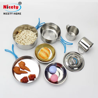 Ensemble de cuisine de camping Sus304, casseroles en acier inoxydable empilables, pour l'extérieur, logo personnalisé accepté, 9 pièces, corps et poignée en silicone
