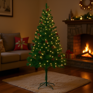Sapin de Noël artificiel vert de 70,87 pouces avec lumières blanc chaud et pommes de pin pour la décoration des fêtes - Product Image 2