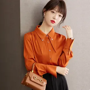 Silk Shirt Women Silk Tops Gold Elegant Classic 1 Piece Long for Women Adults Satin Autumn Plain Dyed 100% Silk Shirt / Blouse