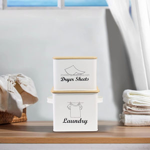White Square Shape Metal Washing <strong>Powder</strong> Storage Tin Box <strong>Laundry</strong> <strong>Powder</strong> Detergent Canister <strong>Container</strong> with Bamboo Lid - Product Image 1