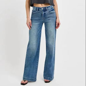 للنساء منتصف الخصر تناسب العادية الجينز القطني الجينز عارضة خمر طباعة على التوالي نمط تنفس وصديقا للظلام/ضوء الربيع - Product Image 1