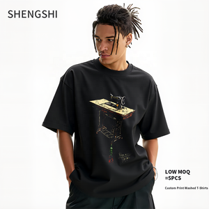 Camiseta Shengshi de algodón para hombre, 320g, lavado ácido, tendencias, equipo relajado con cuello redondo, sin encogimiento para impresión personalizada, camiseta al por mayor para correr para Unisex - Product Image 1