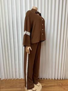 Dames Loungewear Set met Kantversiering, Knoopsluiting, Bell Sleeve Top + Wijde Broek, Casual Huispak, 2-delig, Sehe Fashion - Product Image 6
