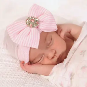 Популярная стильная полосатая детская шапка с большим бантом и блестками, осенне-зимняя вязаная шапка для новорожденных